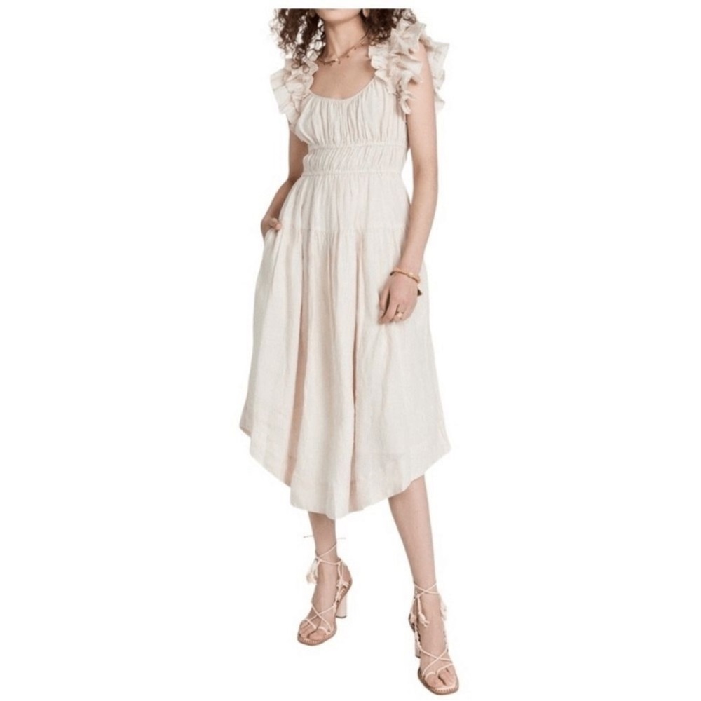 Ulla Johnson Rissa Dress Sand Linen Striped Ruffle Nap Midi Dress Size 2 Beach - Picture 16 of 16